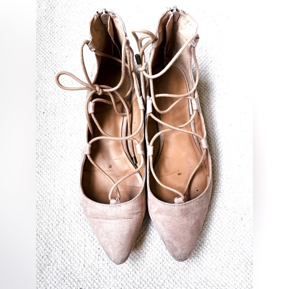Nine West Light Tan Suede Sign Me Up Ballet Flats Ankle Ties Size 8 - Picture 1 of 5